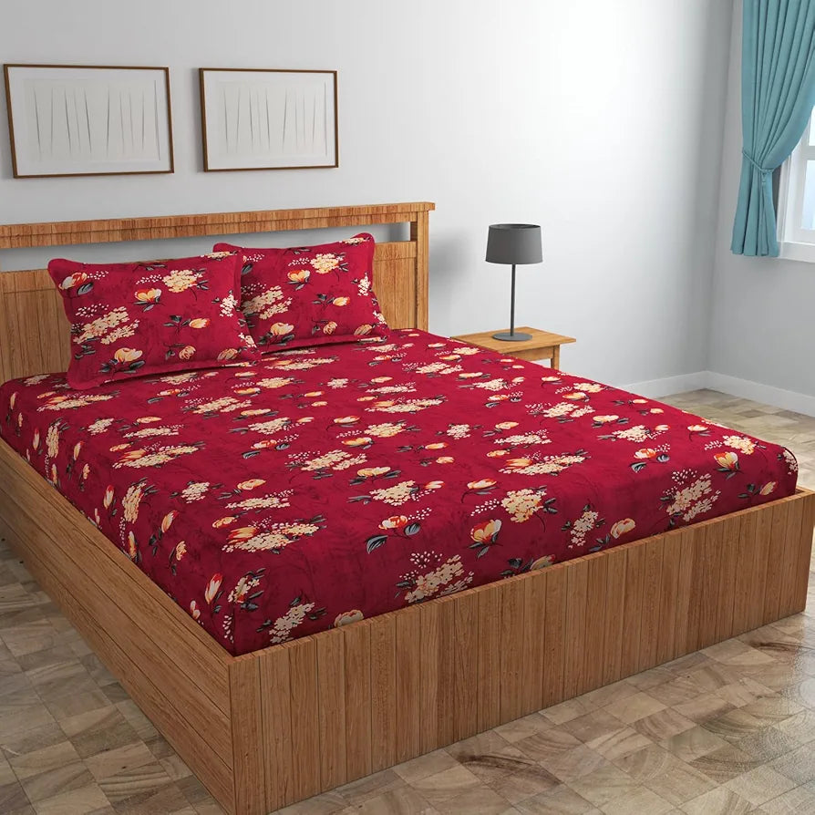 Homefab India 160 TC Glace Cotton Double BedSheet with 2 Pillow Covers -  - Maroon, Floral